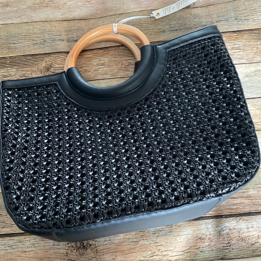 Mila and Lili Black Woven Tote with Wooden Handles